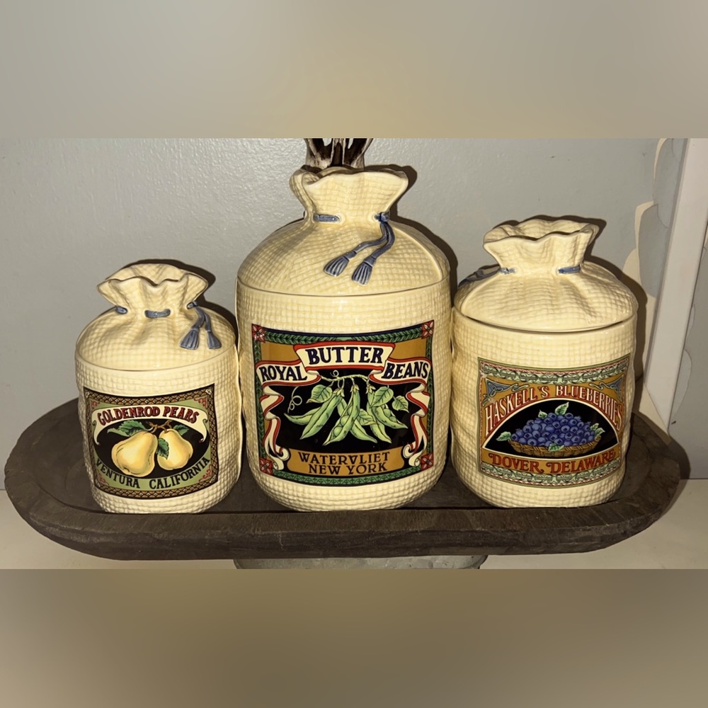1988 Vintage H & HD Burlap Sack Canisters set of 3